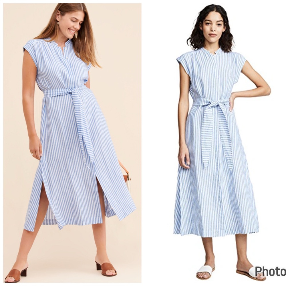 AYR The Sunset Dress Linen Striped Blue White Midi Size Large